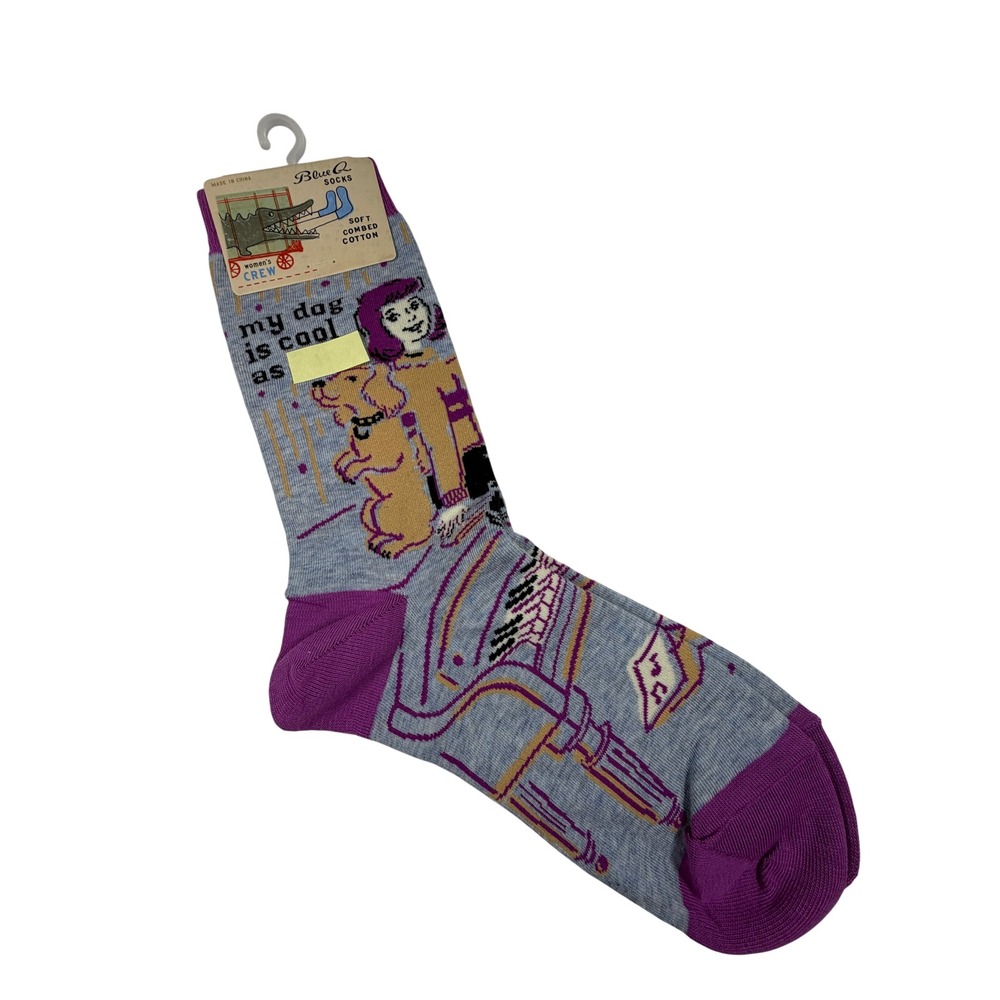 New‎ Blue Q My Dog Is Cool As **** Crew Socks Women 5-10 Grey Purple  Dog Lover
